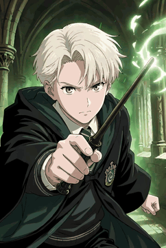AI generated video: Anime digital illustration of Draco Malfoy in an attacking stance, green…