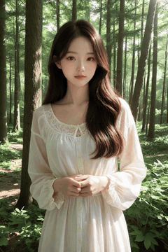 AI generated video: A young woman is standing in the woods and, The long hair is swaying in the…