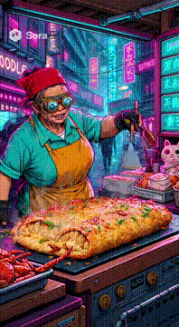 AI generated video: In comics style, Iconic Thai street food, with blade runner vibe, old lady eith…