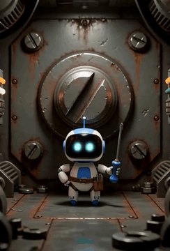 AI generated video: TinyDaal, Subject and Character Design A tiny chibi repair robot works alone…