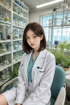AI generated video: the young female doctor sitting in the lab moves her head softly, the wind…