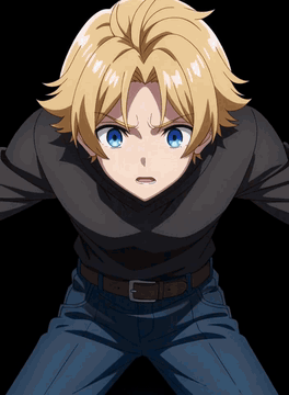 AI generated video: Anime scene on a black background. A young blonde male with blue eyes in a dark…