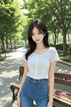 AI generated video: A young woman stands in front of a park bench, her long hair swaying in the…