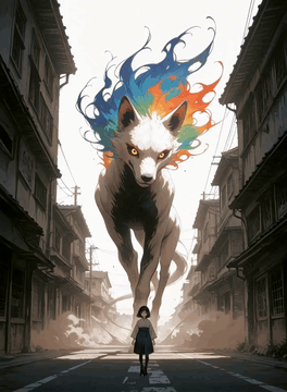 AI generated video: A girl and a fox spirit. The girl and the yokai walk toward the front of the…