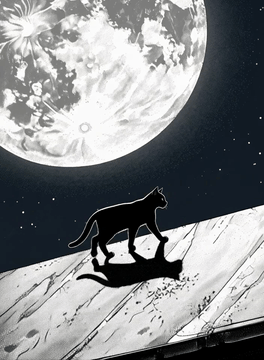 AI generated video: stippledot, one black cat walks across a moonlit rooftop. Its shadow figure…