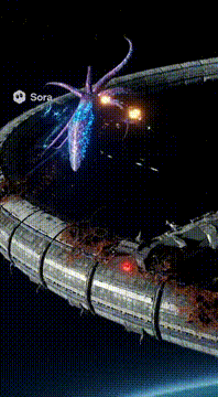 AI generated video: A derelict space station with a slowly rotating habitation ring flashes and…