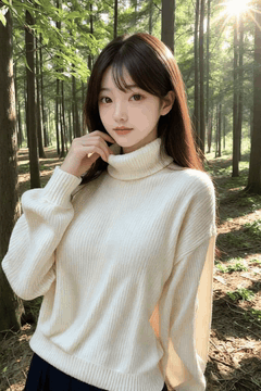 Видео, сгенерированное нейросетью: A young woman is standing in the woods touching a collar, The long hair is…