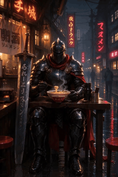 AI generated video: Soft lo-fi beat under steady rain. The armored knight lifts a spoonful of…