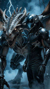 AI generated video: Theme: A cybernetic handler subdues a berserk biomechanical dragon-beast by…