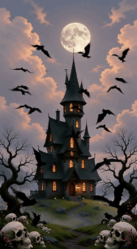 AI generated video: c1tr0nL4nd, crooked black haunted house with needle thin spire and glowing…