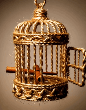 AI generated video: WoolWorld, a hanging birdcage of gold-colored wire-look yarn, empty inside…