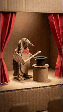 AI generated video: Single continuous macro tracking shot, 12fps stop-motion craft comedy…