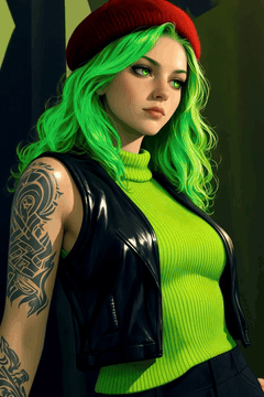 AI generated video: woman, hipster, wool beret, sweater, neon green hair, vest, tattoos, highly…