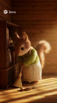 AI generated video: フェルトのリスが木の部屋を掃除している。 本棚の裏から古い箱を見つけて開けると、写真が1枚出てくる。 リスがそれを見て微笑み、光が写真を照らす。…