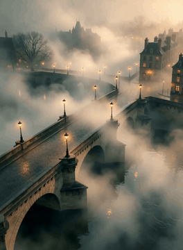 AI generated video: 1930s car drives across the bridge. camera zoom in to the car tail lights and…