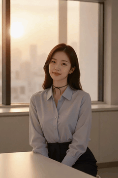 AI generated video: A woman sitting at her office desk smiles softly,, The sun slowly falls out of…