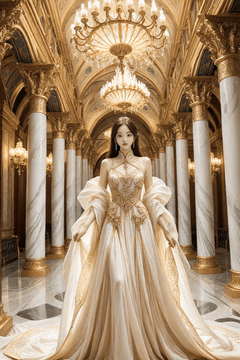 AI generated video: A woman in a blonde dress is slowly walking down the palace hall, The hem of…