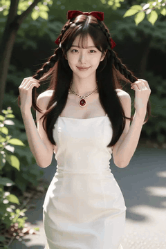 AI generated video: A young woman in a white dress grabs hair with both hands and smiles, The wind…