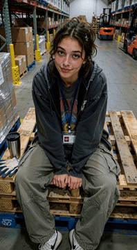 AI generated video: A woman sits on wooden pallets in a warehouse, looking straight into the…