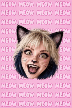 AI generated video: The catgirl floating head from the reference image floats weightlessly in the…
