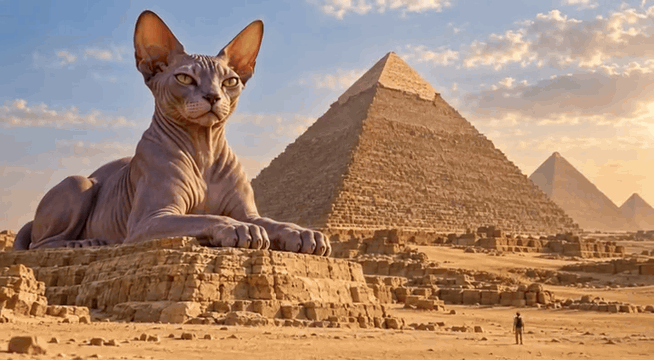 AI generated video: The sound of a cool desert breeze. The gigantic sphynx cat lifts its paw and…