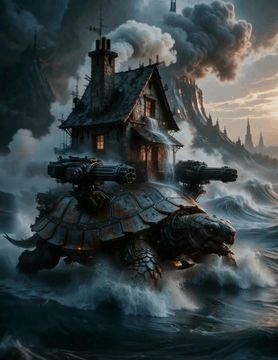 AI generated video: Cinematic wide shot, a colossal mechanical turtle with intricate rusty metal…