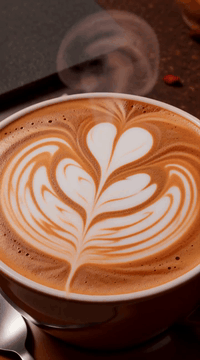 AI generated video: hcsm, Extreme close-up of a hot steaming cappuccino coffee cup with intricate…