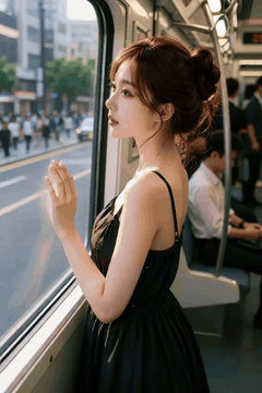 AI generated video: A young woman in a black dress is looking out of the window from inside the…