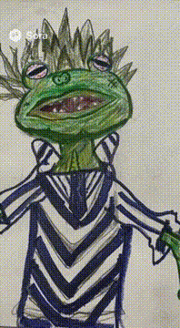 AI generated video: He’s a stop motion puppet in a pond eating flies with his tongue