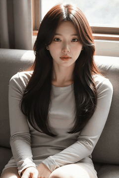 AI generated video: A woman with long brown hair sits on the sofa and, sunlight seeps through the…