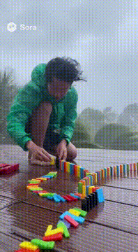 AI generated video: ハリケーンの中でドミノ作成中 途中で全部崩壊する
