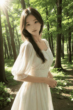 AI generated video: A woman stands on a forest path and turns her body slightly, The long hair is…