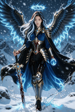 AI generated video: snow falls in the sky x A winged female warrior in armor walks in the snow…