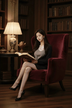 AI generated video: young woman sits in a red armchair and looks back while reading a book, blink…