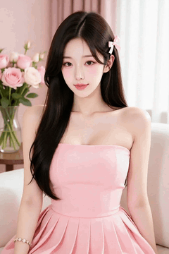 AI generated video: A woman in a pink dress is sitting on a sofa, The long hair shakes lightly and…