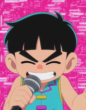 AI generated video: Singing with a microphone on a live stage in a neon-pink, calculated digital…