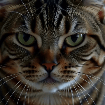 AI generated video: **Cinematic close-up, high-fidelity video. A hyper-realistic domestic shorthair…
