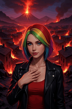 AI generated video: woman upper body, rainbow hair, hand on chest, naughty smile, slightly open…