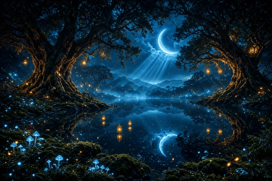 AI generated video: Wide-angle low perspective panorama, mystical primeval woodland, towering…