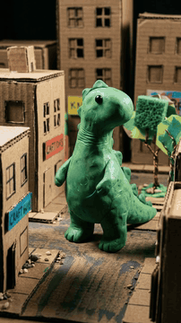 AI generated video: Single continuous dynamic tracking shot, stop-motion claymation colliding with…