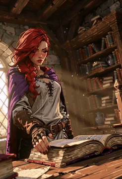 AI generated video: a red-haired woman in a medieval-style library. She stands with her right hand…