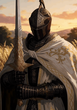 AI generated video: Consistent style, consistent design, knight, put sword up and focus holy sun…