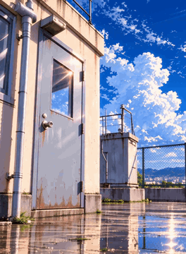 AI generated video: z1os, anime-style Japanese school rooftop, adult female student bursting out…