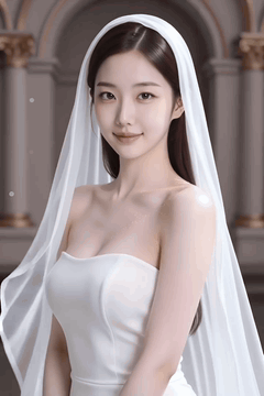 AI generated video: The bride is standing in her wedding dress, The veil is swaying softly in the…