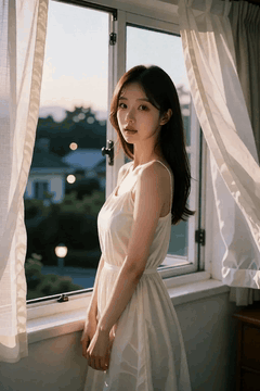 AI generated video: A woman in a white dress is standing by the window and looking at the camera…