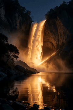 AI generated video: Realistic night footage of a spectacular waterfall of glowing liquid cascading…