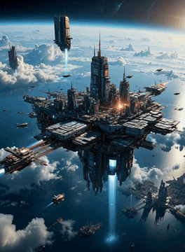 AI generated video: z1os, above a planet, well above the ground with a cyberpunk city and sea, well…