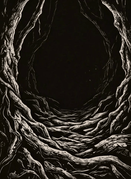 AI generated video: da0klfe, black and white woodcut-style illustration. A view of a dark, tangled…