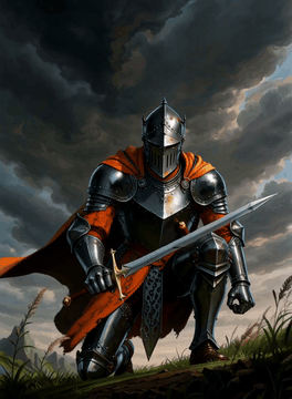 AI generated video: rb_retro, one lone faceless knight kneels atop a windswept hill, surrounded by…