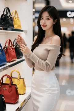 AI generated video: A young woman stands in a handbag store and looks around for handbags, Her long…